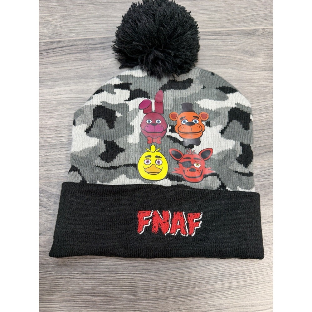 Five Nights At Freddys Youth Kids Camo Beanie Winter Outdoor Pom Gray Black